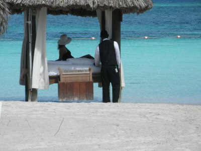 Rented beach palapa with butler at Sandals Montego Bay, Jamaica