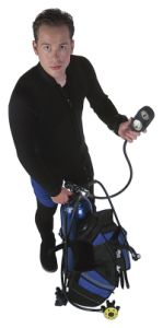 Scuba diver checking his air pressure in tank. Scuba diver checking his air pressure in tank.