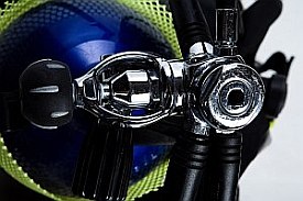 Scuba diving regulator first stage with yoke aerial view