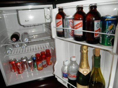 fridge at our concierge level room at Sandals Grande Riviera, Jamaica